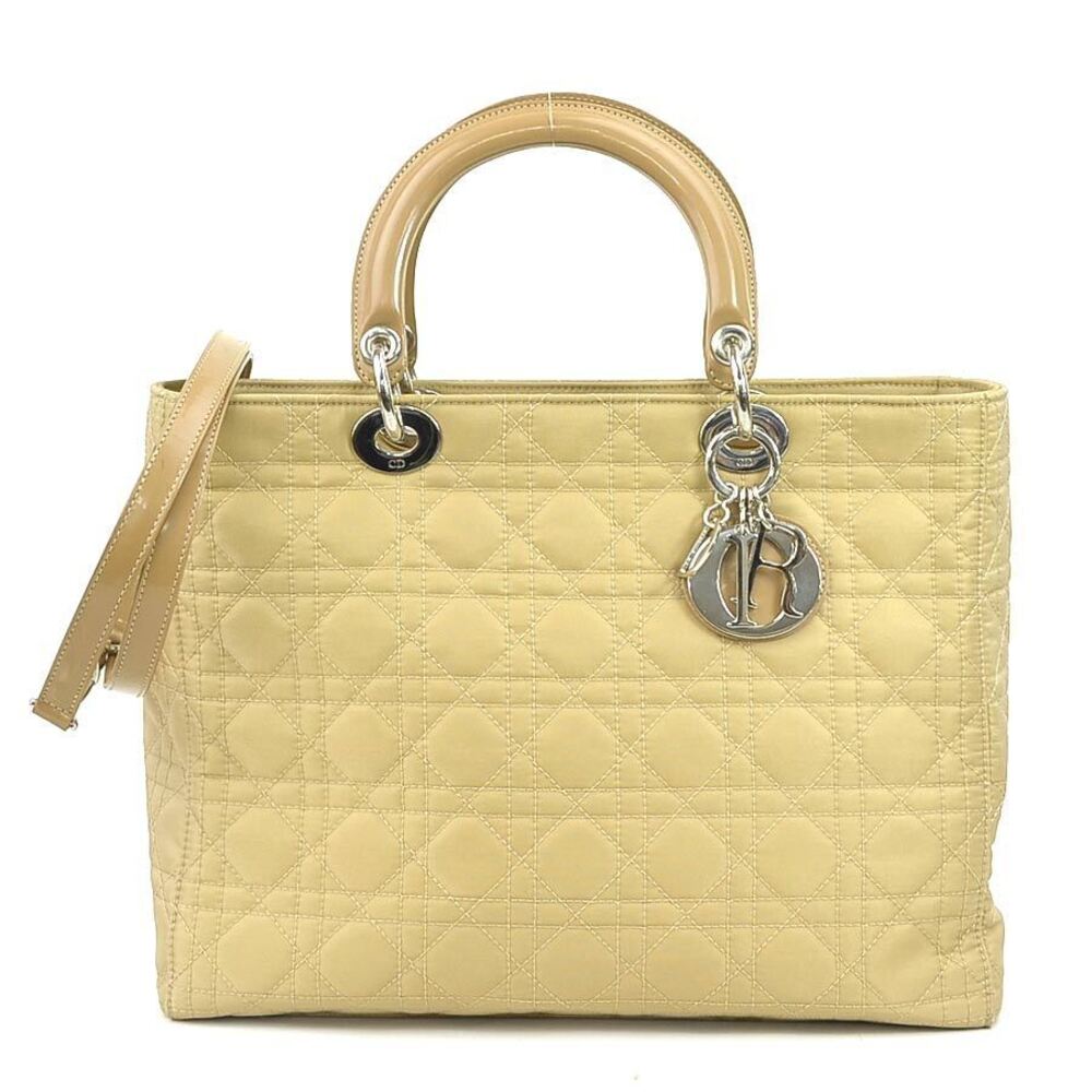 Christian Dior Lady 2way Shoulder Bag canvas beige silver